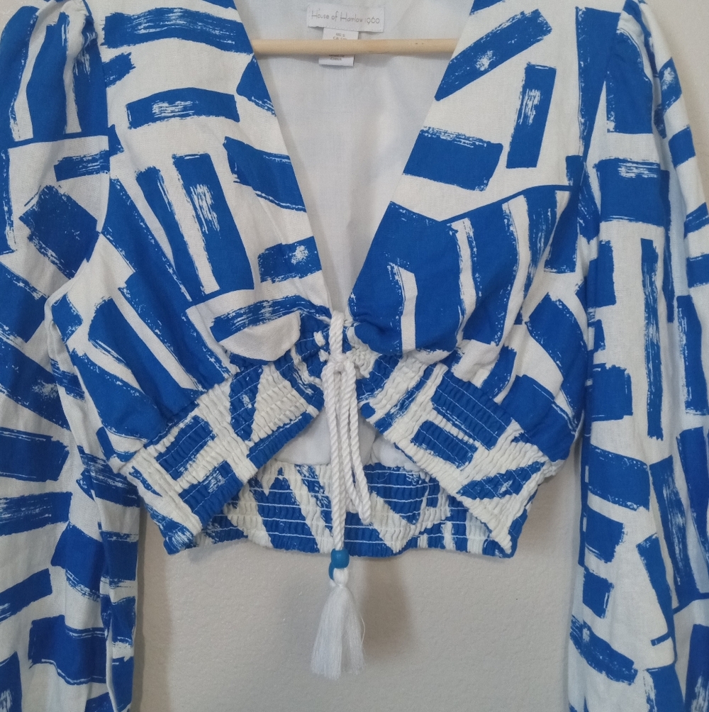 House Of Harlow 1960 Cropped Tassel Beaded Blue & White Top Small - Picture 5 of 8